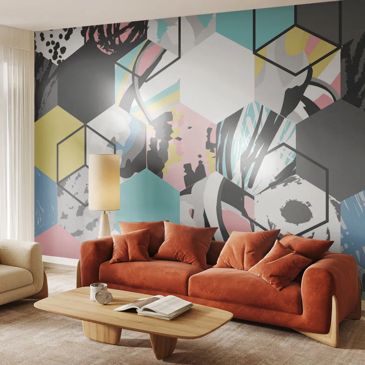 Fototapet Premium Canvas - Sexkanter och kuber i sex färger - Abstraktion, Bit, Modernt mönster - 350x256 cm