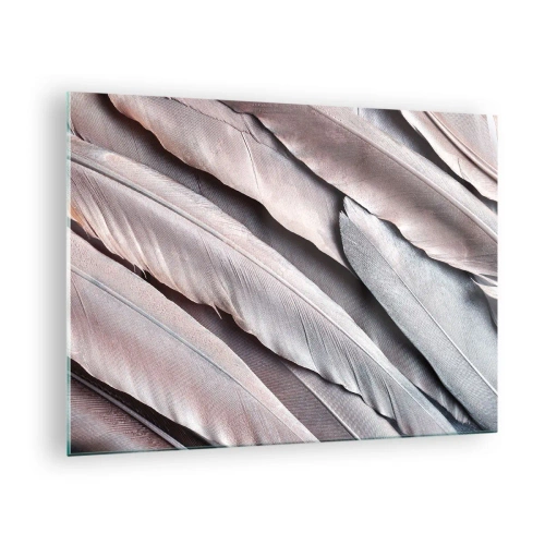 Glastavla - Bild på glas - Närbild av pastellfärgade fjädrar i nyanser av rosa och silver - 70x50cm - I rosa silver - Modern väggdekoration för vardagsrum och sovrum ARTTOR