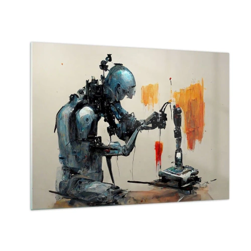 Glastavla - Bild på glas - En robot som målar en mekanisk hand på en abstrakt bakgrund. - 70x50cm - Kommer i morgon... - Modern väggdekoration för vardagsrum och sovrum ARTTOR