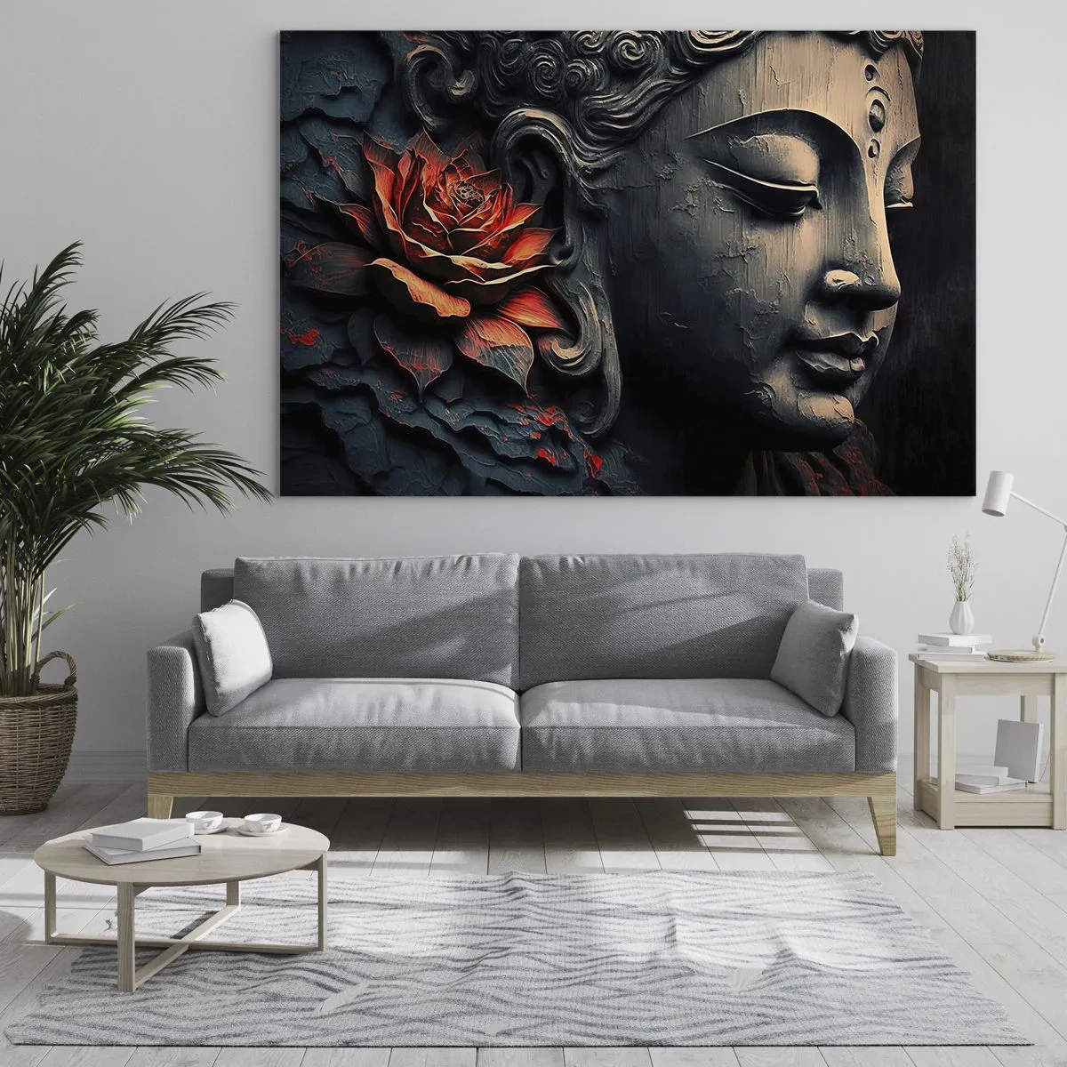 Glastavla - Bild på glas - Profil av en mediterande figur med en röd blomma mot en mörk bakgrund. - 70x50cm - I samklang med världen - Modern väggdekoration för vardagsrum och sovrum ARTTOR