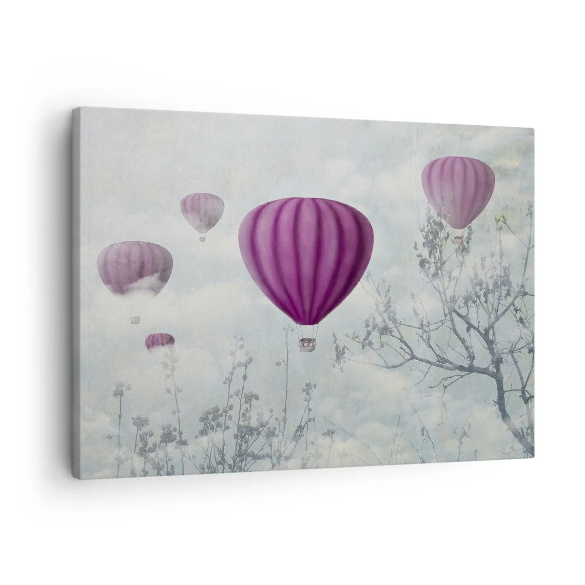 Canvastavla - Bild på duk - Lila ballonger som svävar ovanför träden i molnen - 70x50cm - Som båtar på himlen - Modern väggdekoration för vardagsrum och sovrum ARTTOR