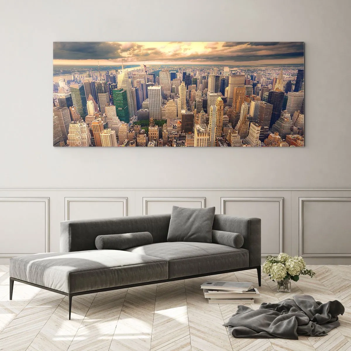 Glastavla - Bild på glas - Förgylld metropolis - 100x40 cm
