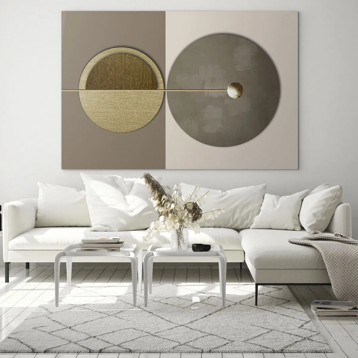 Glastavla - Bild på glas - Gyllene cirklar och linjer i en harmonisk komposition - 70x50cm - Perfekt balans - Modern väggdekoration för vardagsrum och sovrum ARTTOR