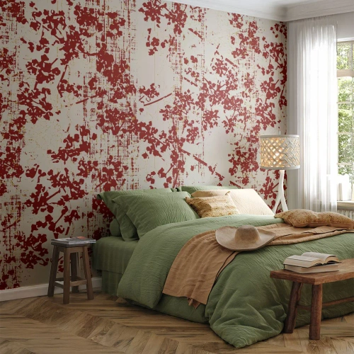 Fototapet Standard Eco - Ett växtmotiv i rött mot en ljus bakgrund - 100x70cm - Som en gammal percale - Modern väggdekoration för vardagsrum och sovrum ARTTOR
