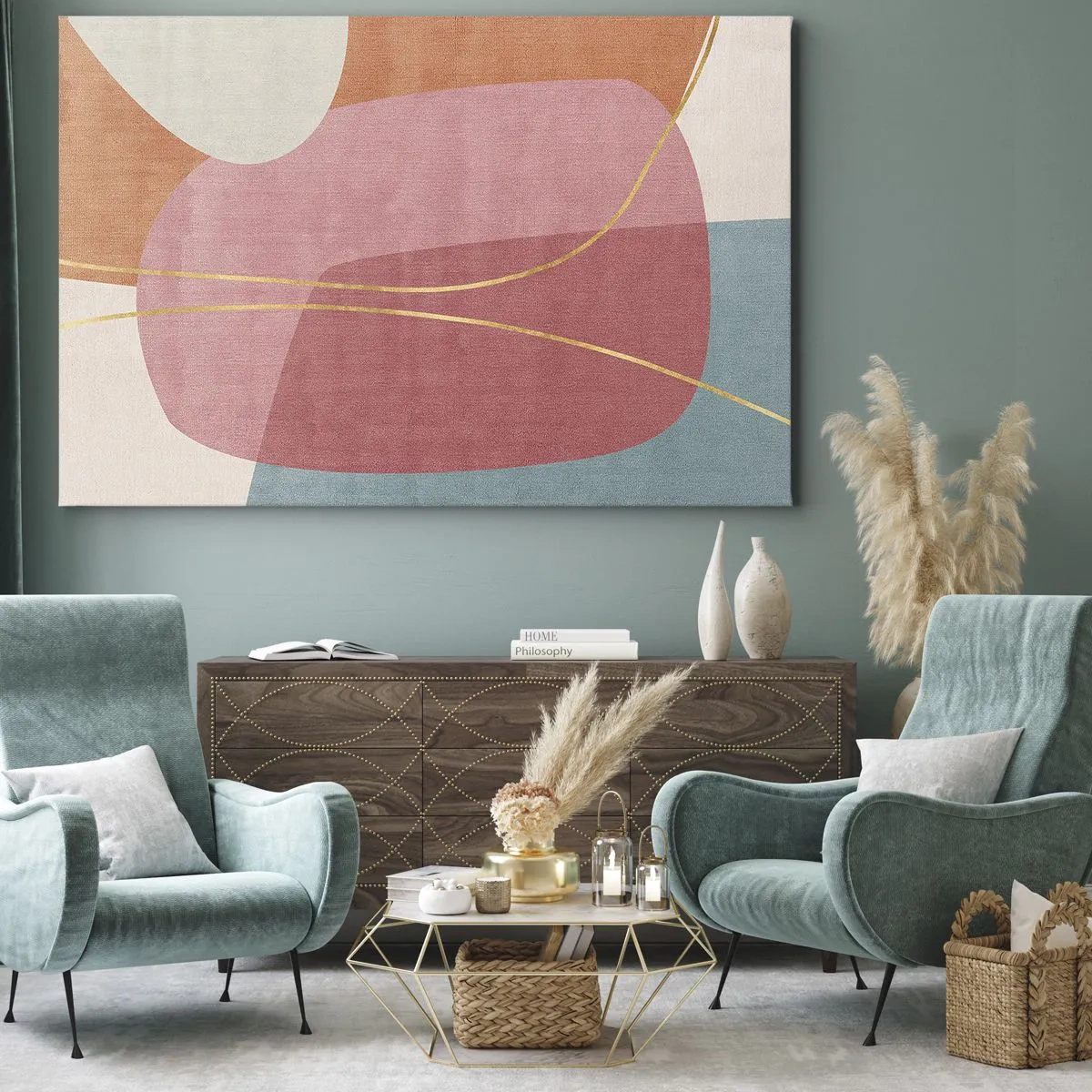 Canvastavla - Bild på duk - Abstrakta former i pastellfärger med fina linjer - 70x50cm - Pastellkomposition med guldtråd - Modern väggdekoration för vardagsrum och sovrum ARTTOR