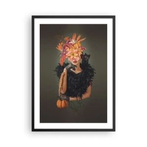 Affisch i svart ram - Konstnärligt porträtt av en kvinna med blommor, en pumpa och en svart katt. - 50x70cm - Häxans troll - Modern väggdekoration för vardagsrum och sovrum ARTTOR