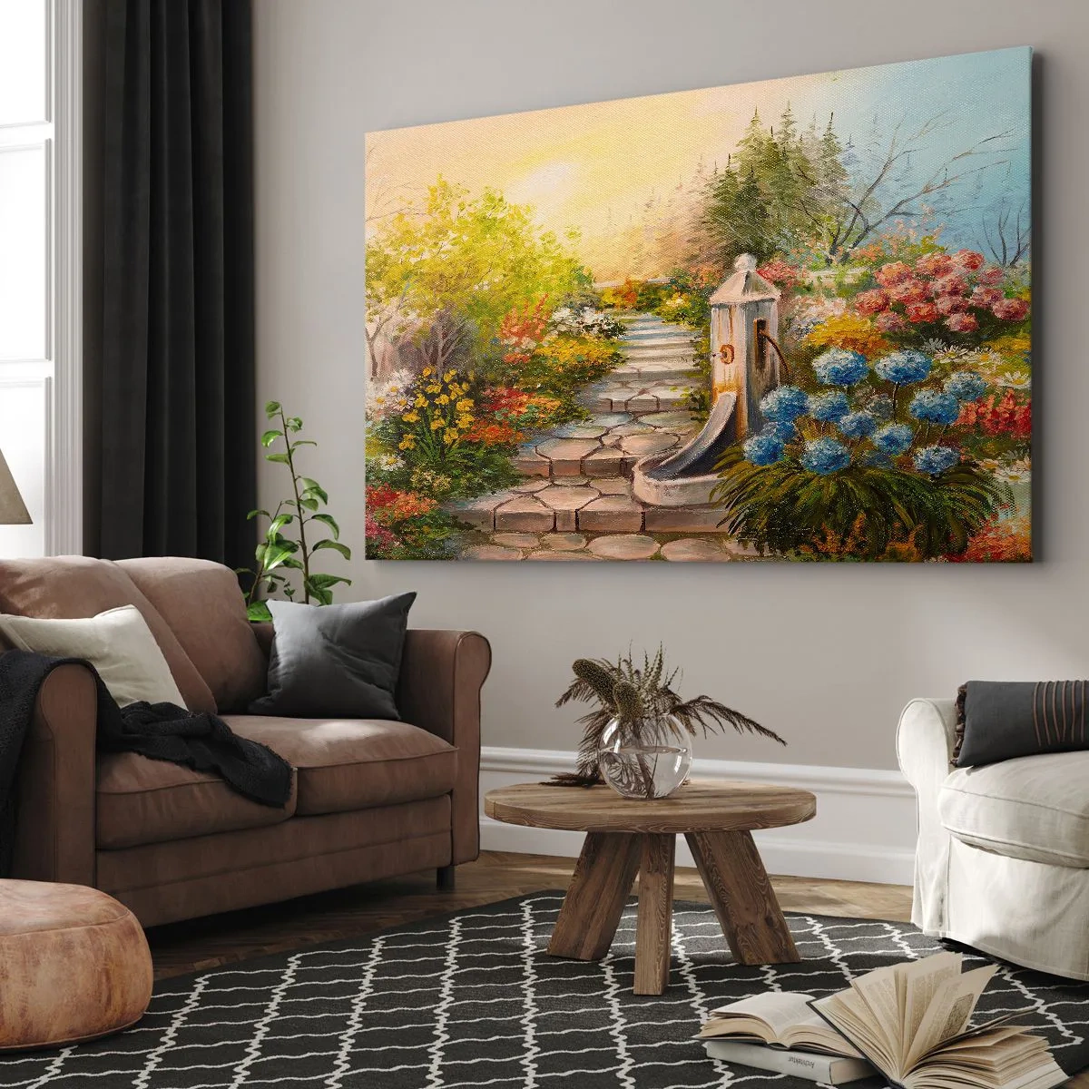 Canvastavla - Bild på duk - En pittoresk trädgård med en fontän och färgglada blommor - 70x50cm - Fullt blommande - Modern väggdekoration för vardagsrum och sovrum ARTTOR