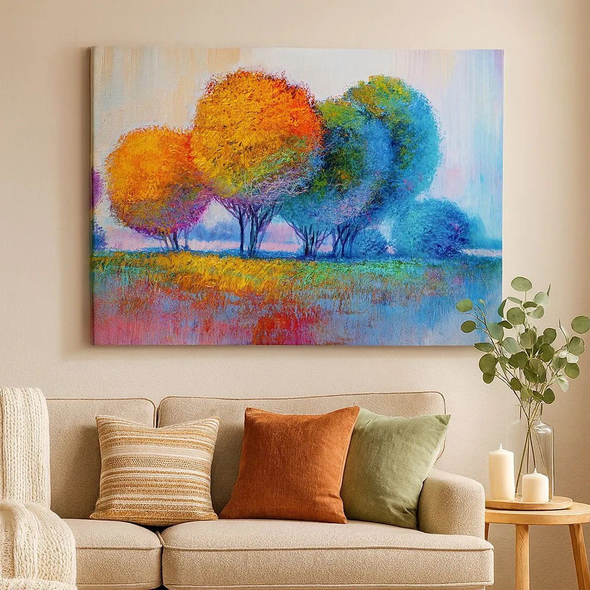 Canvastavla - Bild på duk - Färgglada träd i ett impressionistiskt landskap - 70x50cm - Glad färgbukett - Modern väggdekoration för vardagsrum och sovrum ARTTOR