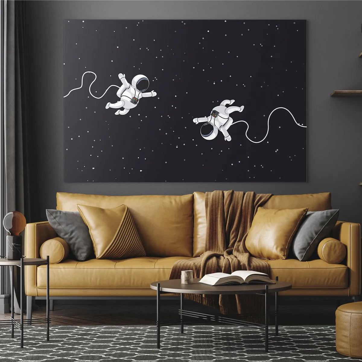 Glastavla - Bild på glas - Två astronauter som svävar i rymden - 70x50cm - Rymddans - Modern väggdekoration för vardagsrum och sovrum ARTTOR