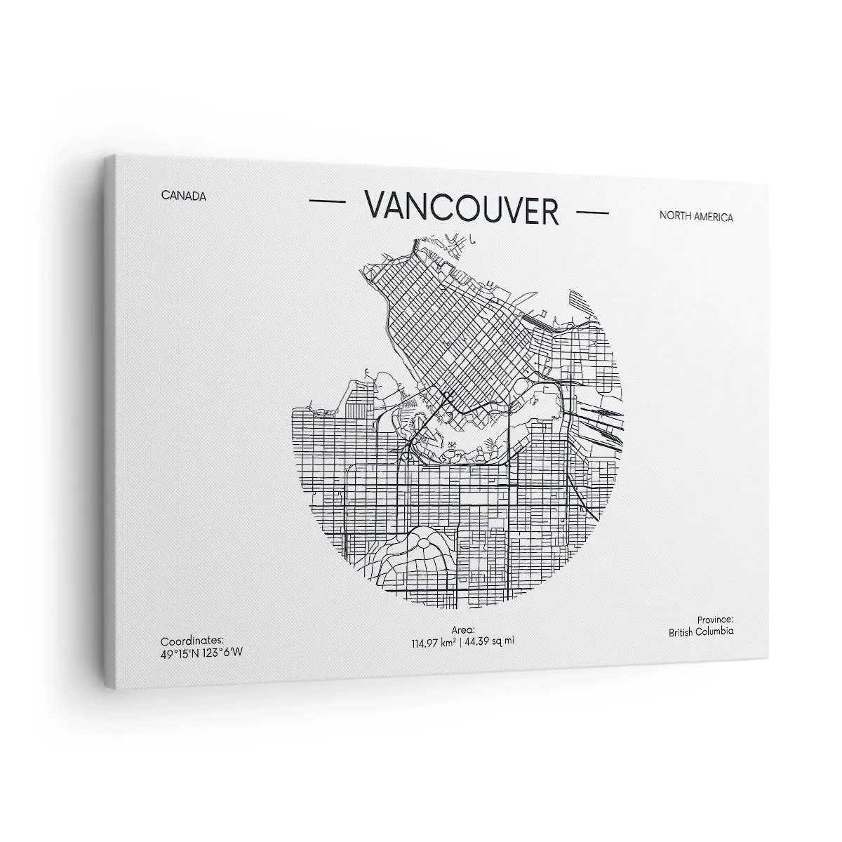 Canvastavla - Bild på duk - En karta över Vancouver i minimalistisk svartvit stil - 70x50cm - Vacouvers anatomi - Modern väggdekoration för vardagsrum och sovrum ARTTOR