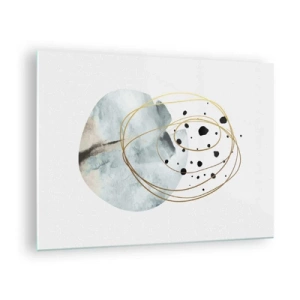 Glastavla - Bild på glas - Abstrakt komposition med en blå fläck och gyllene linjer - 70x50cm - I rummets famn - Modern väggdekoration för vardagsrum och sovrum ARTTOR