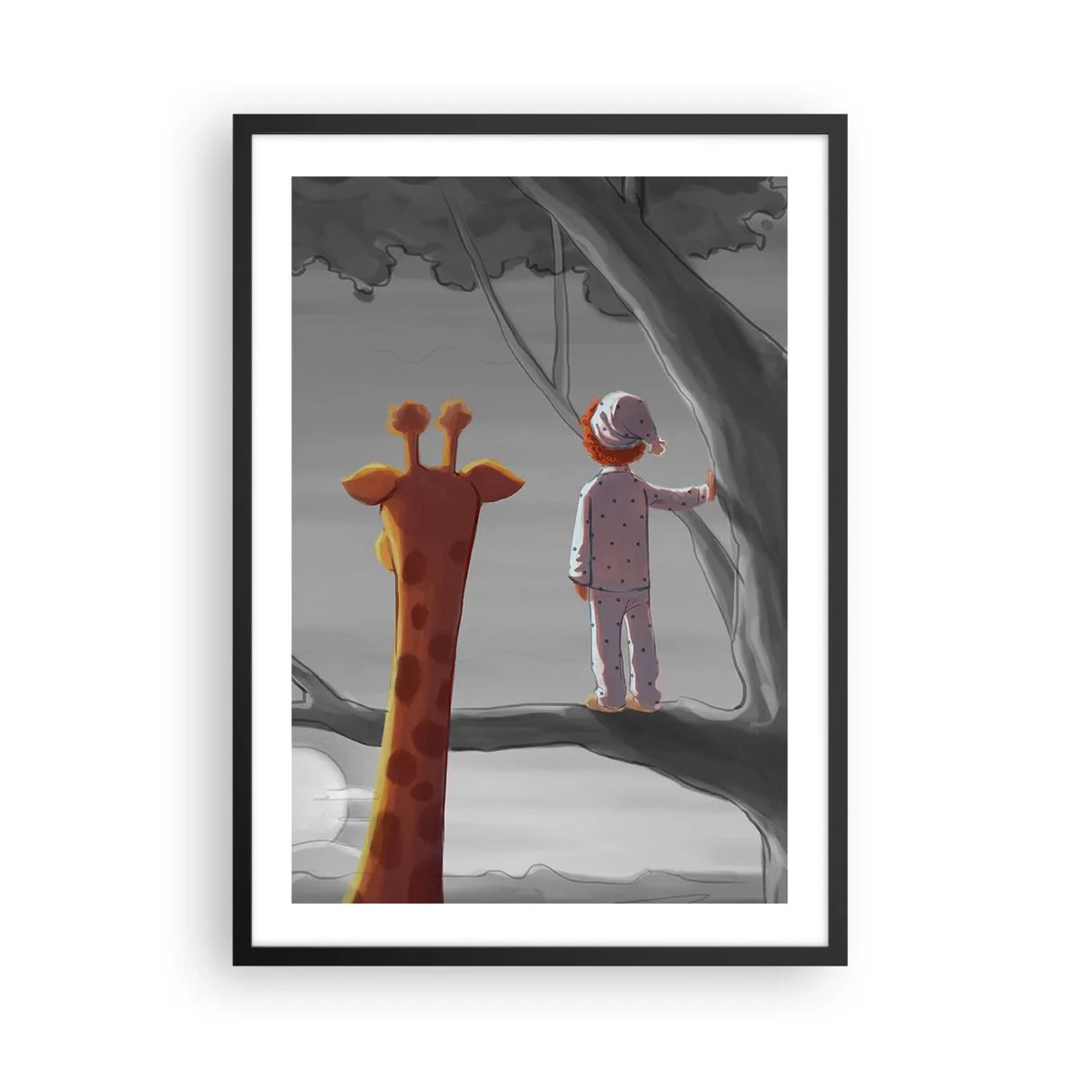 Affisch i svart ram - En pojke i pyjamas och en giraff i ett träd i ett grått och orange landskap. - 50x70cm - Det händer på riktigt - Modern väggdekoration för vardagsrum och sovrum ARTTOR