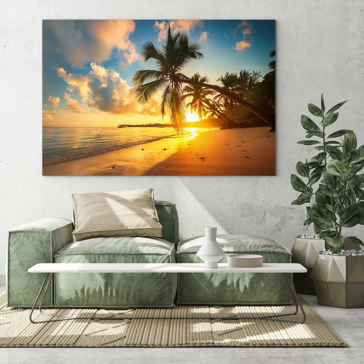 Glastavla - Bild på glas - Tropisk strand med palmer vid solnedgången - 70x50cm - Karibisk dröm - Modern väggdekoration för vardagsrum och sovrum ARTTOR