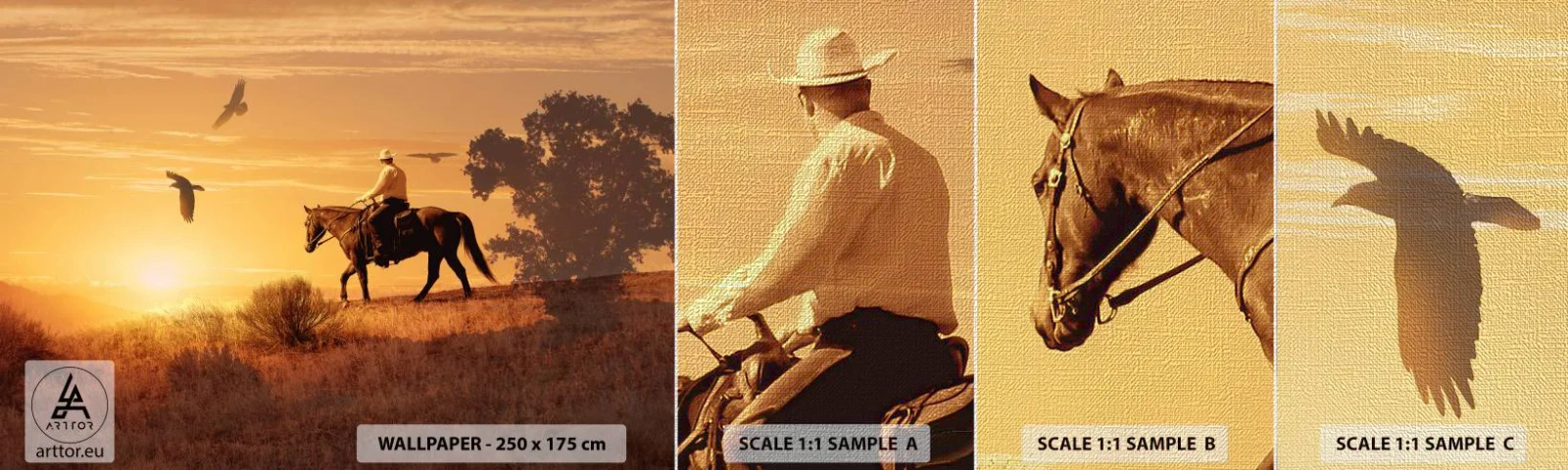 Provbit av fototapet Premium Canvas - Ensamt genom prärien - Häst, Cowboy, Landskap - 100x30 cm