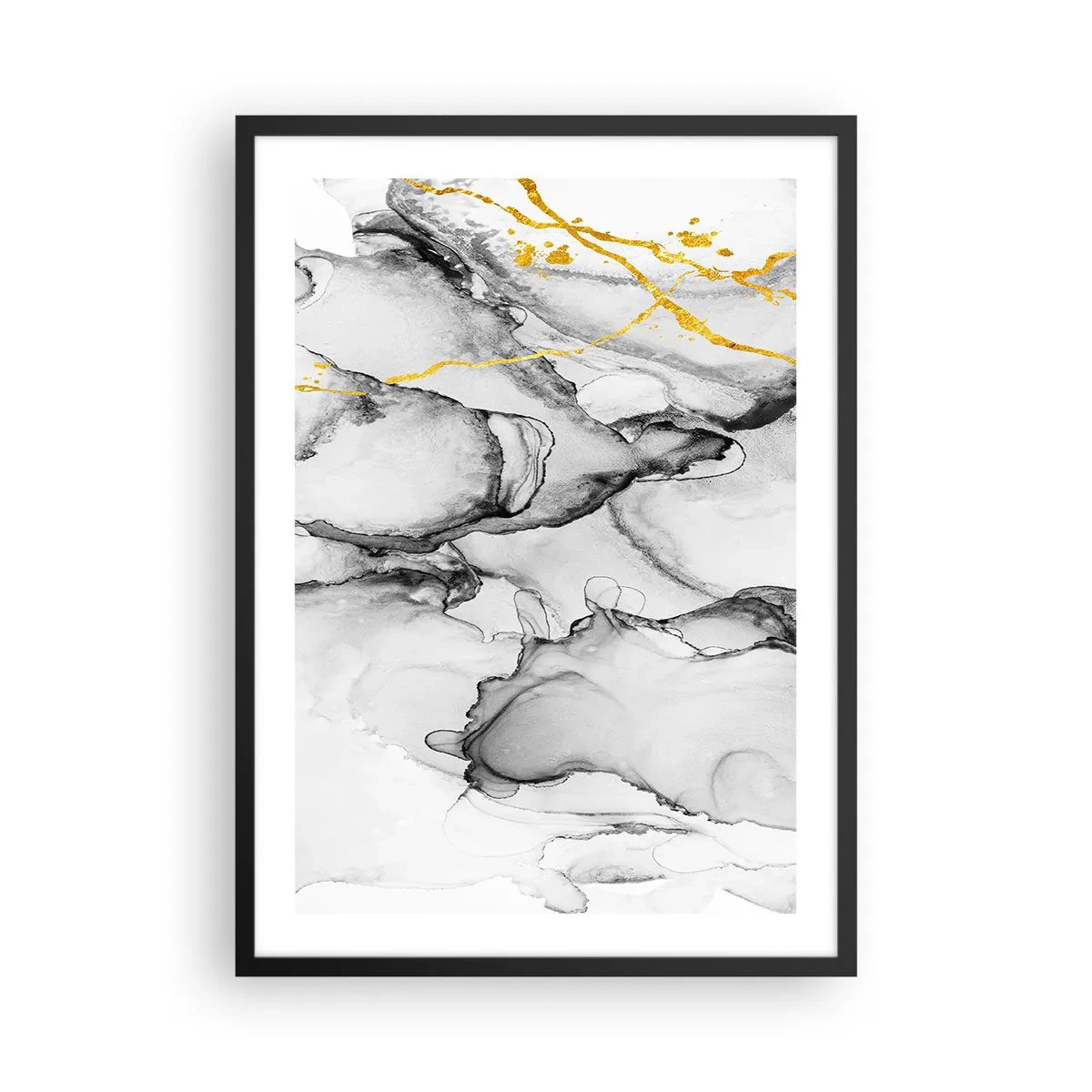 Affisch i svart ram - En abstrakt komposition i grå nyanser med guldaccenter. - 50x70cm - Komposition med guldmotiv - Modern väggdekoration för vardagsrum och sovrum ARTTOR
