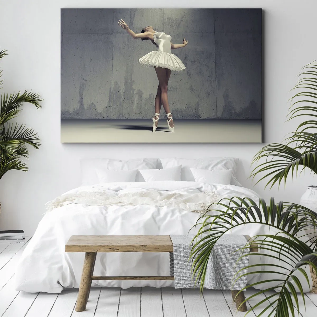 Canvastavla - Bild på duk - En balettdansös i vit klänning mot en rå vägg. - 70x50cm - Lätt som en fågel - Modern väggdekoration för vardagsrum och sovrum ARTTOR