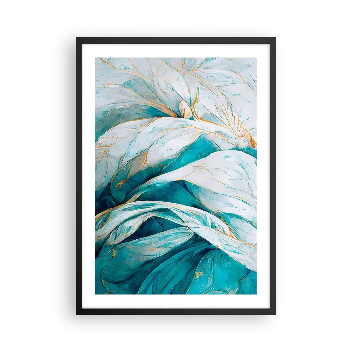 Affisch i svart ram - Abstrakta löv i nyanser av turkos och vitt med delikat guld - 50x70cm - Blå abstraktion med guldmotiv - Modern väggdekoration för vardagsrum och sovrum ARTTOR