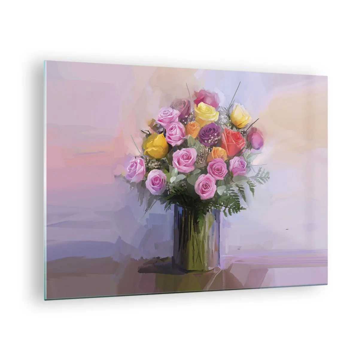 Glastavla - Bild på glas - En bukett rosor i en glasvas på en pastellfärgad bakgrund - 70x50cm - Stoppad skönhet - Modern väggdekoration för vardagsrum och sovrum ARTTOR