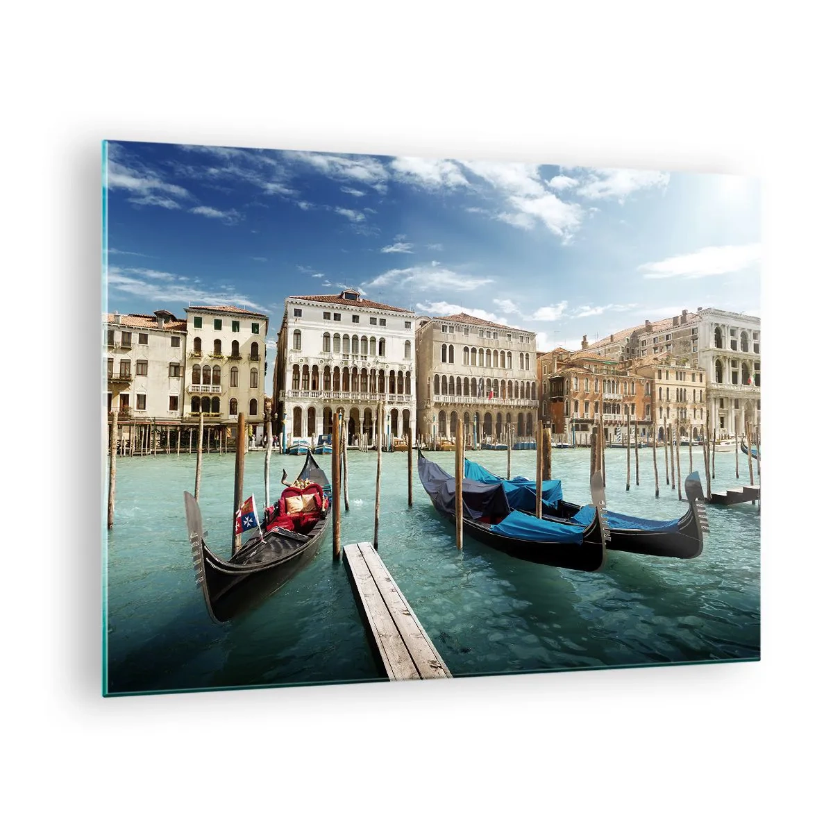 Glastavla - Bild på glas - Gondoler på en kanal i Venedig på en solig dag - 70x50cm - Palats i blått - Modern väggdekoration för vardagsrum och sovrum ARTTOR