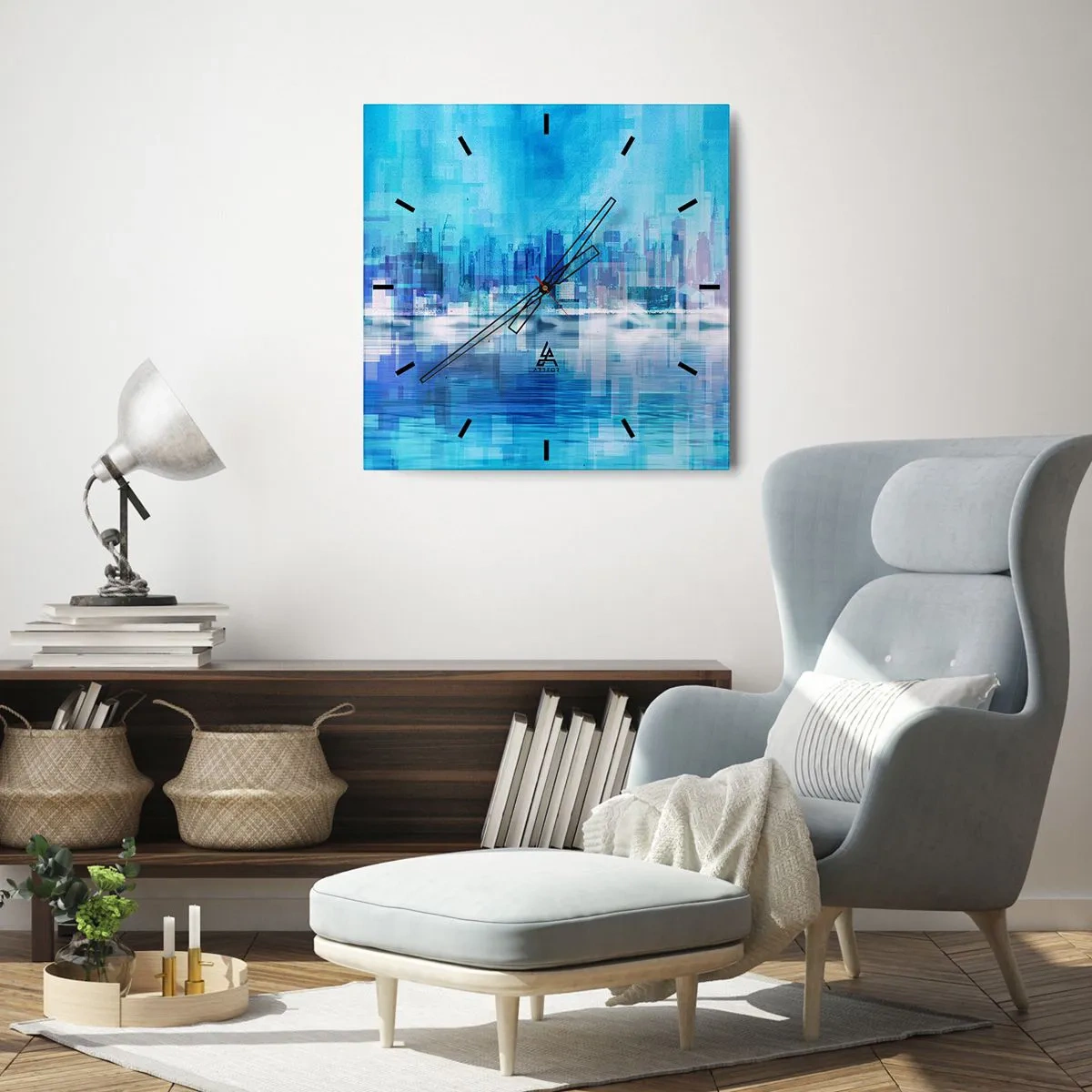 Väggklocka - Klocka på glas - Försänkta i blått - 30x30 cm