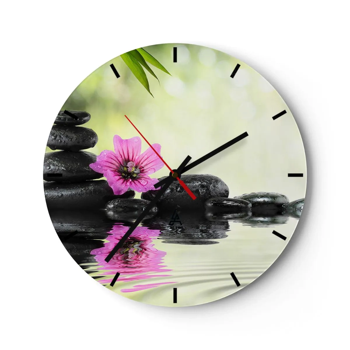 Väggklocka - Klocka på glas - Zenstenar med en rosa blomma mot en naturlig bakgrund - 30x30cm - Tid för själen - Modern väggdekoration för vardagsrum, kök och sovrum ARTTOR
