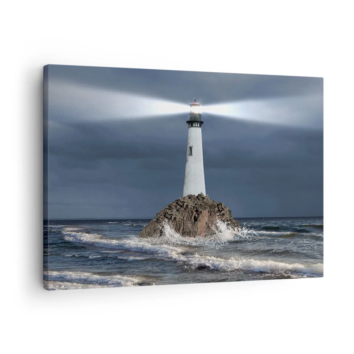 Canvastavla - Bild på duk - En fyr på en klippa omgiven av ett stormigt hav - 70x50cm - Här...här...här! - Modern väggdekoration för vardagsrum och sovrum ARTTOR