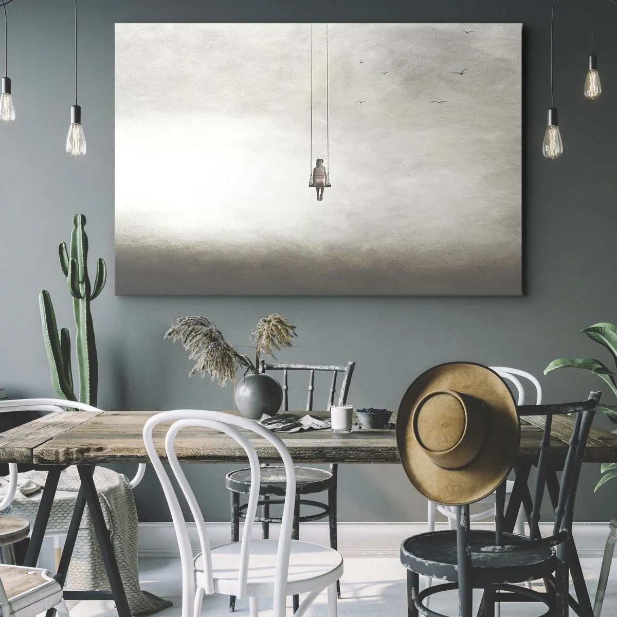 Canvastavla - Bild på duk - En figur på en gunga som svävar i rymden - 70x50cm - Barn i oss - Modern väggdekoration för vardagsrum och sovrum ARTTOR