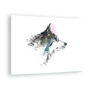 Glastavla - Bild på glas - Varg i konstnärlig akvarellstil på vit bakgrund - 70x50cm - Vargen är här - Modern väggdekoration för vardagsrum och sovrum ARTTOR