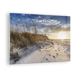 Glastavla - Bild på glas - Sandstrand vid solnedgången med gräs vid dynen - 70x50cm - Inbjudan till promenad - Modern väggdekoration för vardagsrum och sovrum ARTTOR