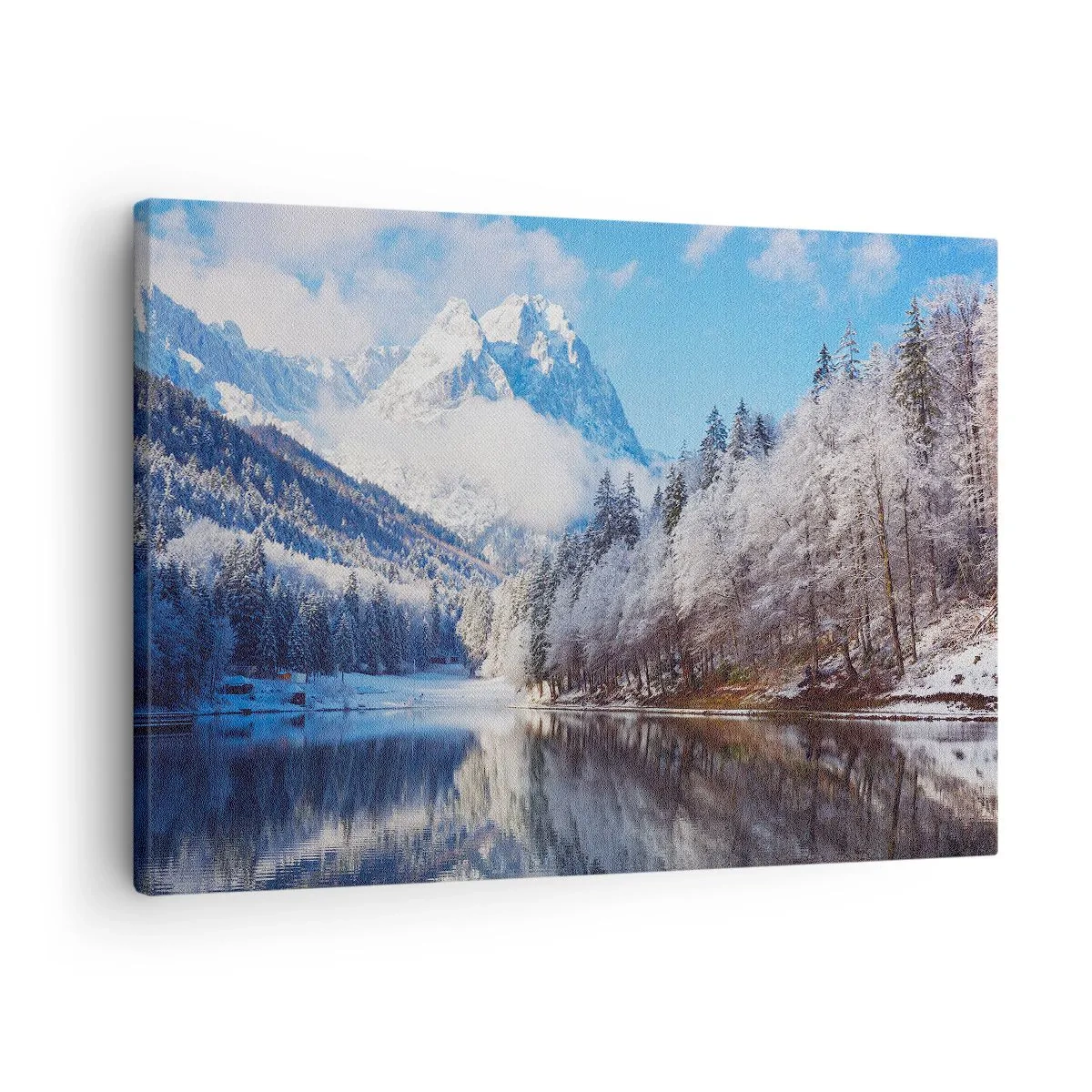 Canvastavla - Bild på duk - Vinterbergslandskap med snötäckta träd och en sjö - 70x50cm - Snövakt - Modern väggdekoration för vardagsrum och sovrum ARTTOR