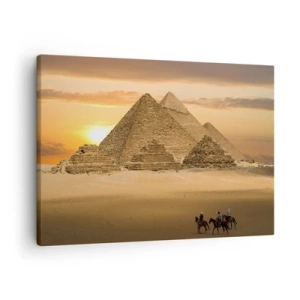Canvastavla - Bild på duk - Pyramider i Egypten vid solnedgången med ryttare på hästar - 70x50cm - 1000 år utan ändring - Modern väggdekoration för vardagsrum och sovrum ARTTOR