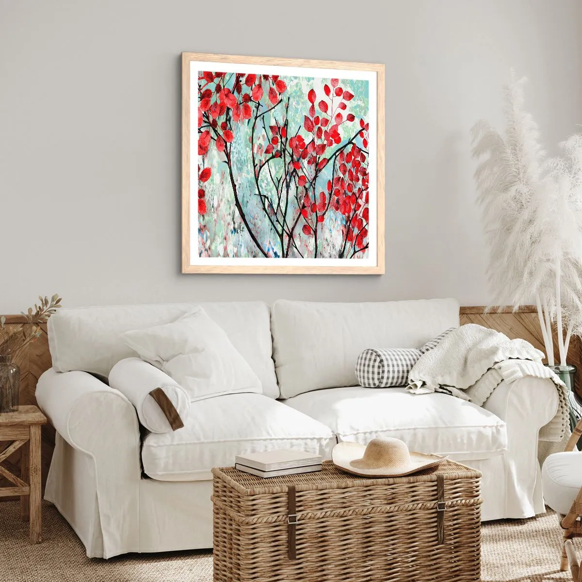 Affisch i ram av ljusek - Träd i scharlakansröd - 60x60 cm