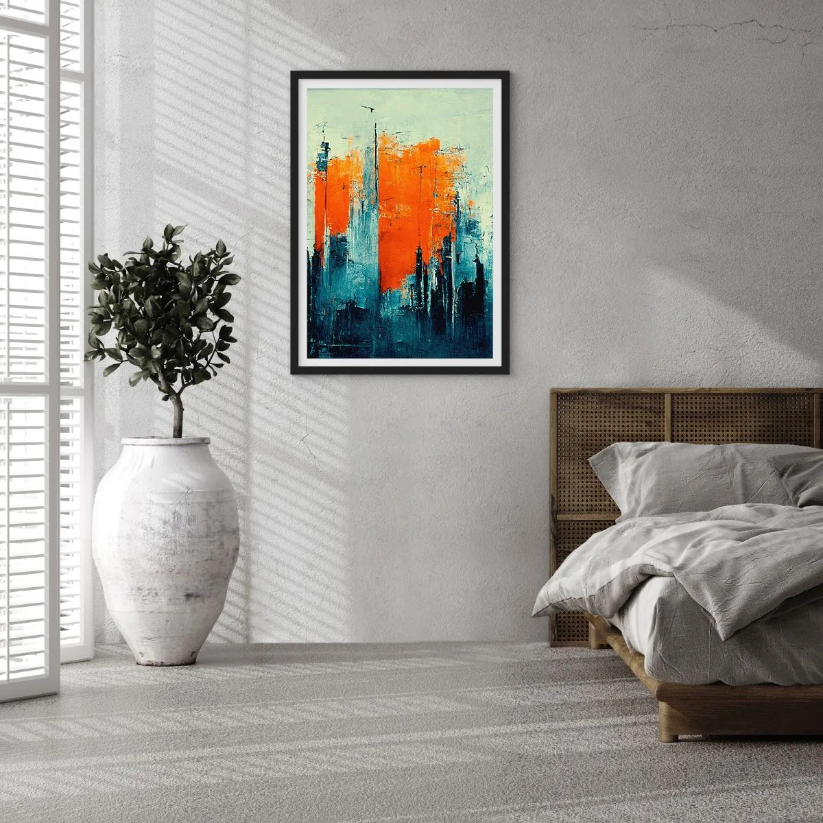 Affisch i svart ram - Abstrakt stadspanorama i nyanser av orange och marinblått - 50x70cm - Modernt landskap - Modern väggdekoration för vardagsrum och sovrum ARTTOR