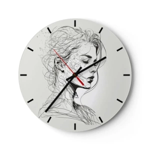 Väggklocka - Klocka på glas - Svartvit skiss av en kvinnas ansikte i tanke - 30x30cm - Porträtt i drömmar - Modern väggdekoration för vardagsrum, kök och sovrum ARTTOR