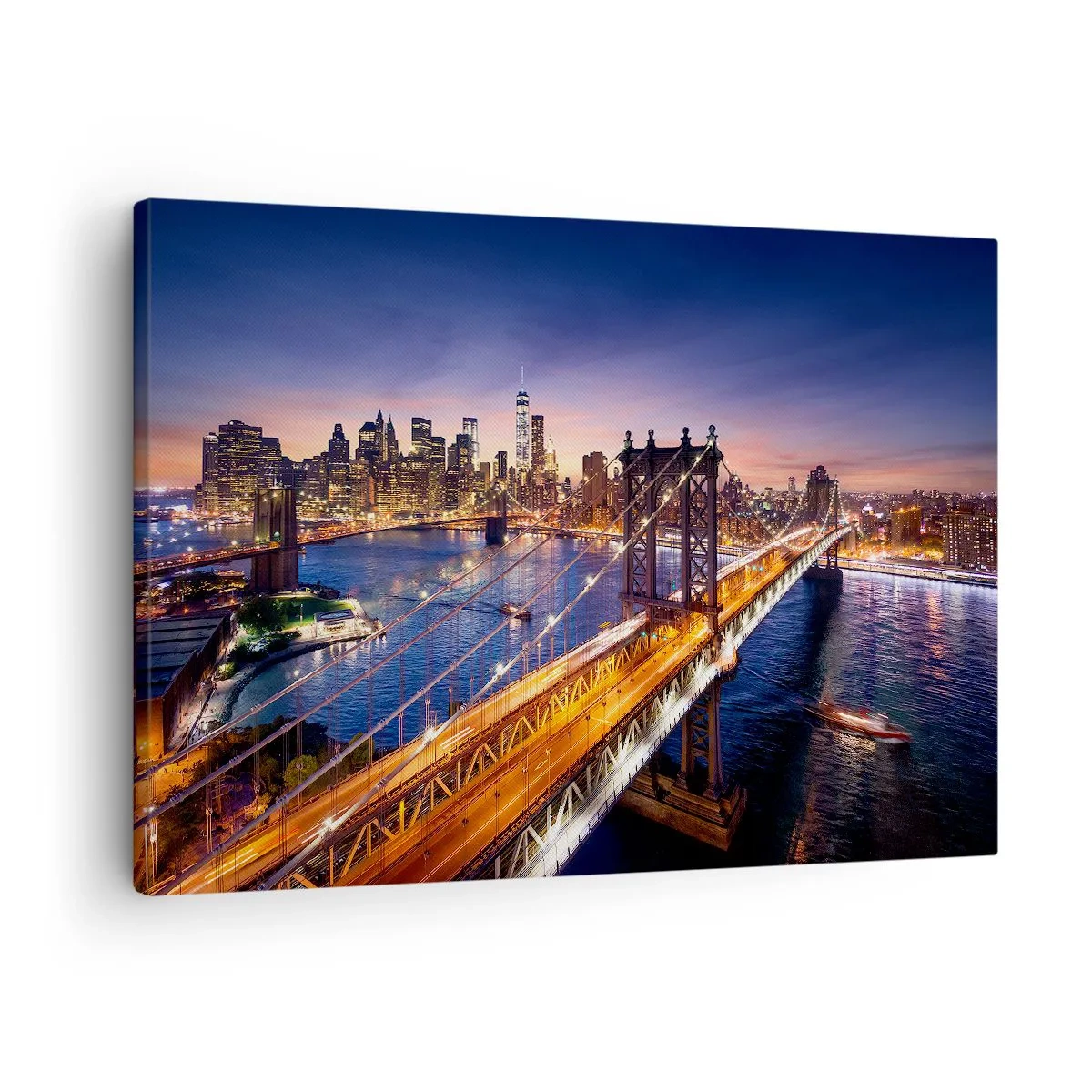 Canvastavla - Bild på duk - Bron och stadspanoraman vid solnedgången - 70x50cm - Över ljusbron till stadens hjärta - Modern väggdekoration för vardagsrum och sovrum ARTTOR