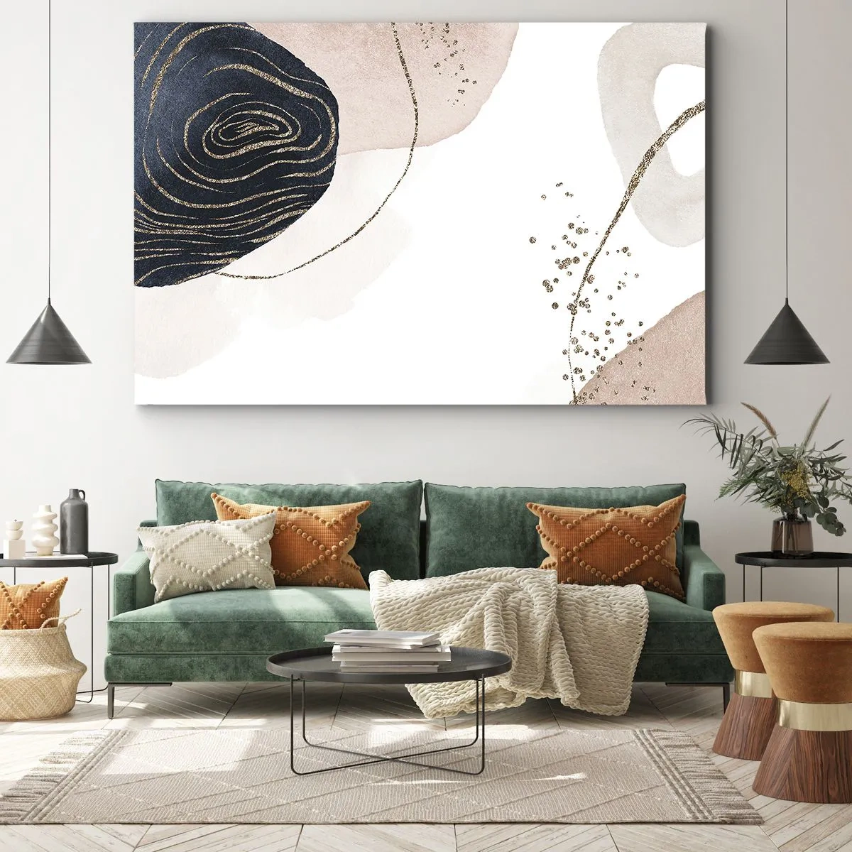 Canvastavla - Bild på duk - Abstrakta former i nyanser av beige och marinblått med gulddetaljer - 70x50cm - Allt flyter - Modern väggdekoration för vardagsrum och sovrum ARTTOR