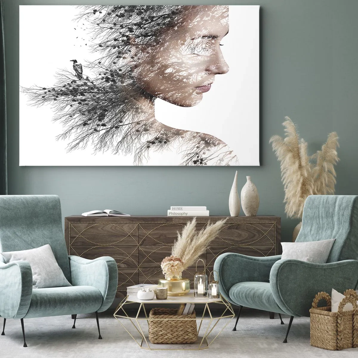 Canvastavla - Bild på duk - Silhuett av en kvinna med ett gren- och fågelmotiv i bakgrunden - 70x50cm - Skogens ande - Modern väggdekoration för vardagsrum och sovrum ARTTOR