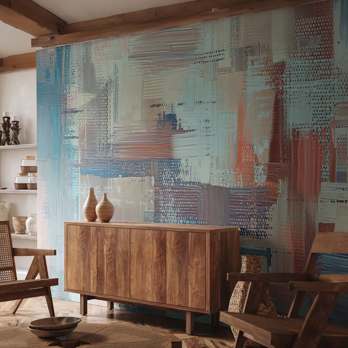 Fototapet Standard Eco - Färgglada impasto-penseldrag i nyanser av blått och rött. - 100x70cm - Att nå ljuset - Modern väggdekoration för vardagsrum och sovrum ARTTOR