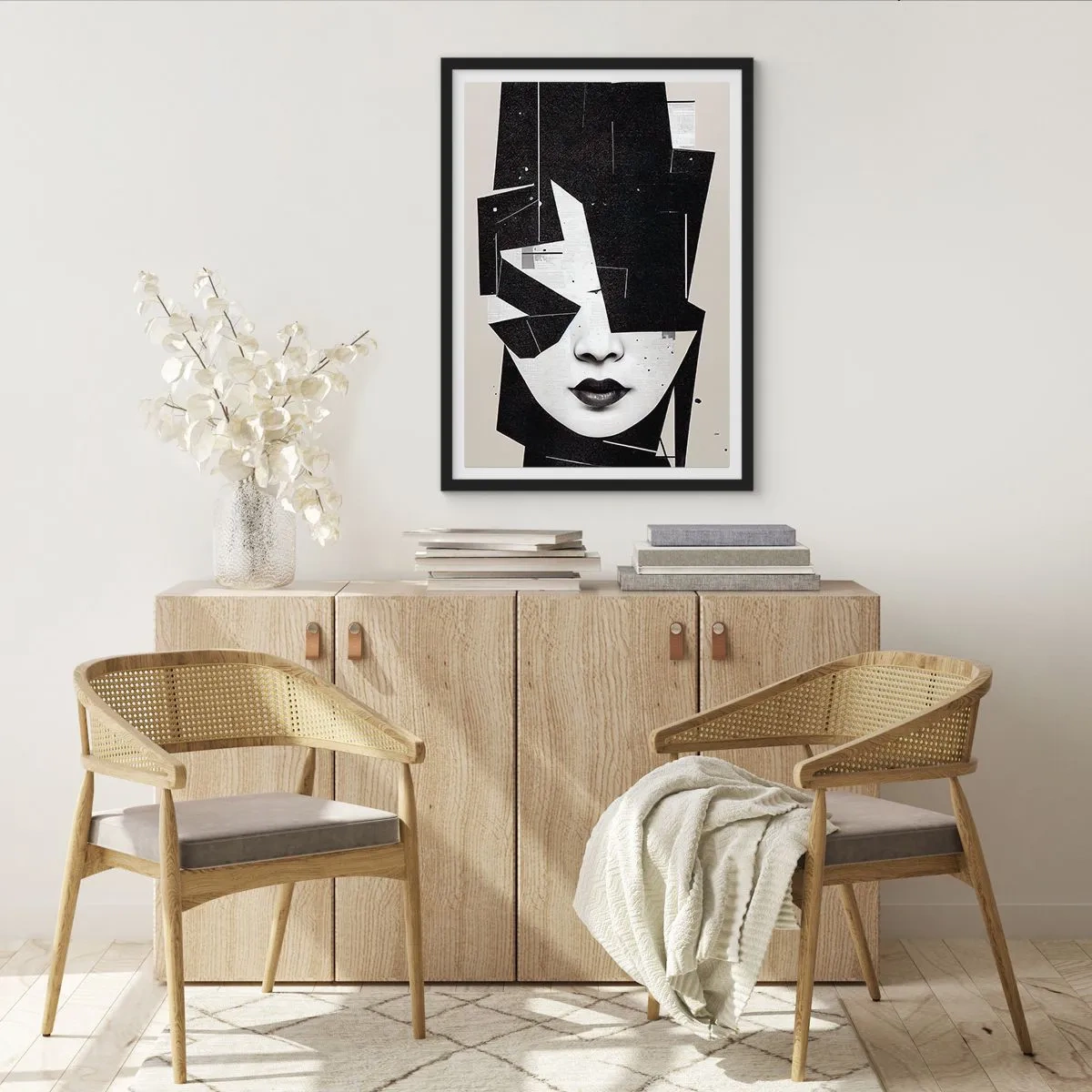 Affisch i svart ram - Abstrakt porträtt av en kvinna i svartvitt - 50x70cm - Djupt dold - Modern väggdekoration för vardagsrum och sovrum ARTTOR