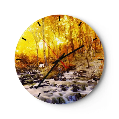 Väggklocka - Klocka på glas - Höstskog med en forsande ström bland gyllene löv - 30x30cm - Stenar infattade i guld och platina - Modern väggdekoration för vardagsrum, kök och sovrum ARTTOR