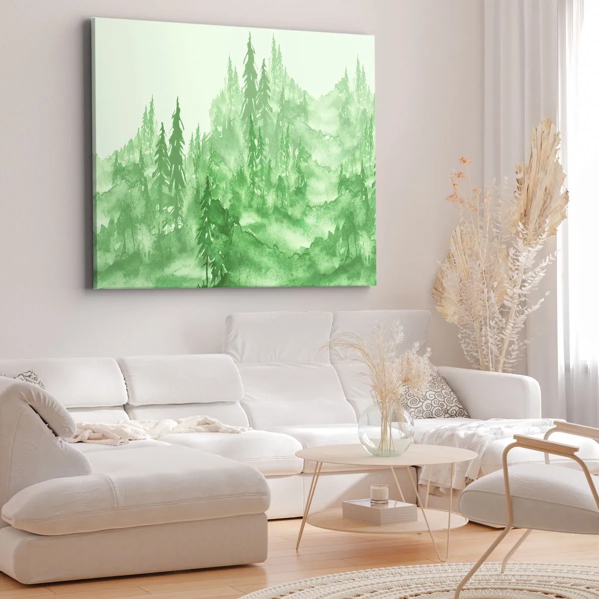Canvastavla - Bild på duk - Grön skog i akvarellstil på en ljus bakgrund - 70x50cm - Suddig i grön dimma - Modern väggdekoration för vardagsrum och sovrum ARTTOR