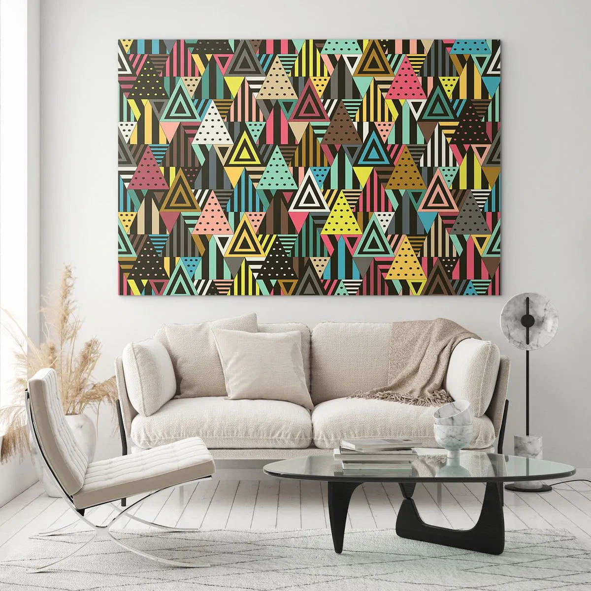 Glastavla - Bild på glas - En abstrakt komposition med trianglar i intensiva färger. - 70x50cm - Trianglar - Modern väggdekoration för vardagsrum och sovrum ARTTOR