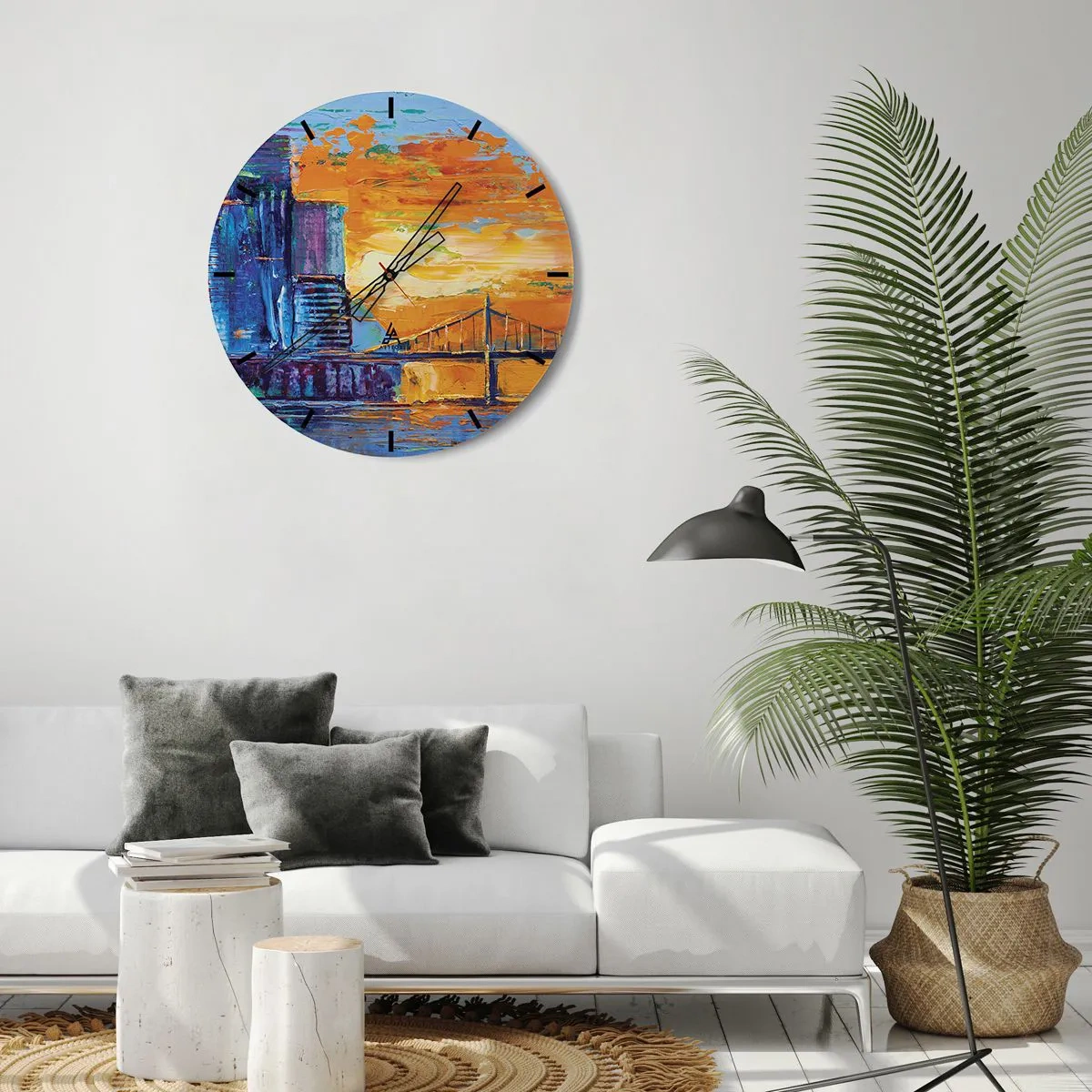 Väggklocka - Klocka på glas - Ett färgstarkt intryck av staden vid solnedgången - 30x30cm - Kultur och natur - Modern väggdekoration för vardagsrum, kök och sovrum ARTTOR