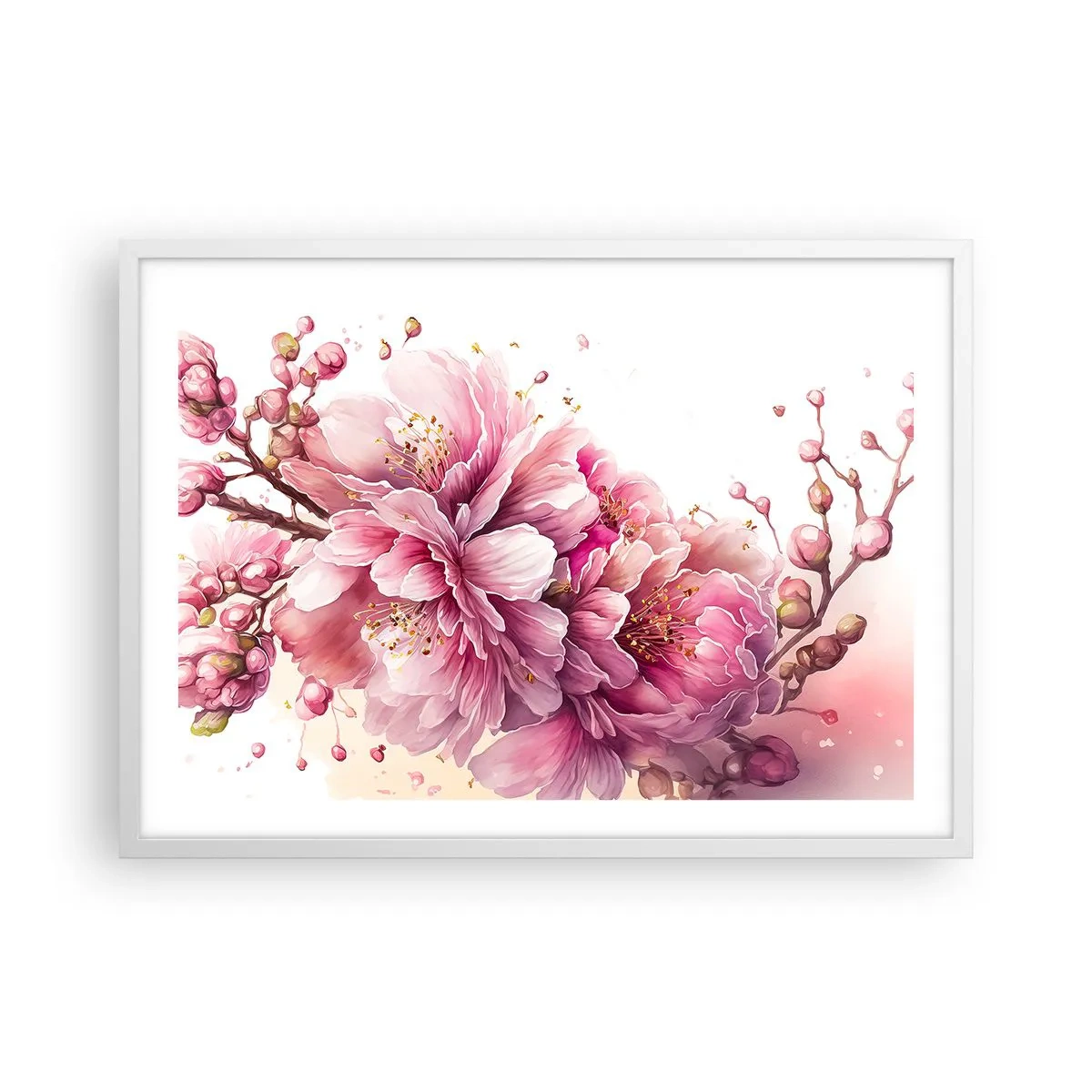 Affisch i vit ram - Blommande körsbärsblomma - 70x50 cm