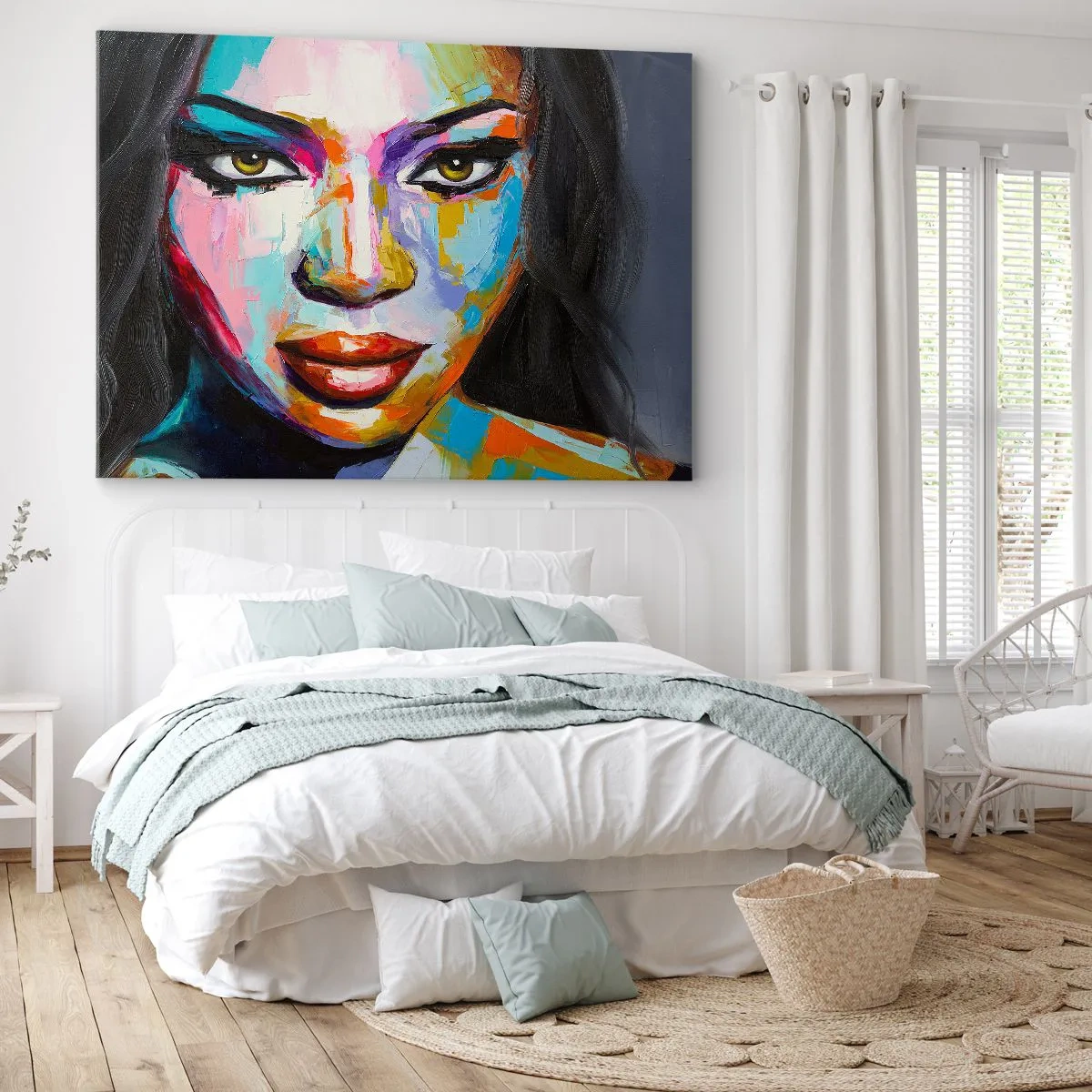 Canvastavla - Bild på duk - Ett färgstarkt porträtt av en kvinna med intensiv blick - 70x50cm - Kan inte ta ögonen från henne - Modern väggdekoration för vardagsrum och sovrum ARTTOR