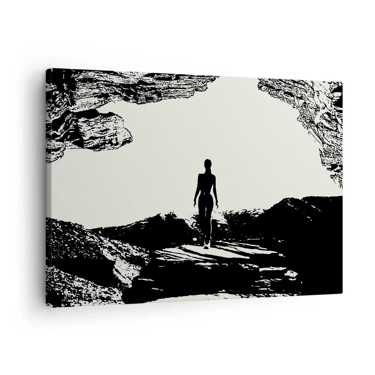 Canvastavla - Bild på duk - Svartvit silhuett av en kvinna i en grotta mot himlen - 70x50cm - En ny blick - Modern väggdekoration för vardagsrum och sovrum ARTTOR