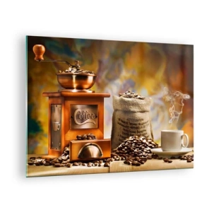 Glastavla - Bild på glas - Kaffekvarn, bönor och en kopp på ett träbord - 70x50cm - Knastrande bönor, bullrande kvarn - Modern väggdekoration för vardagsrum och sovrum ARTTOR