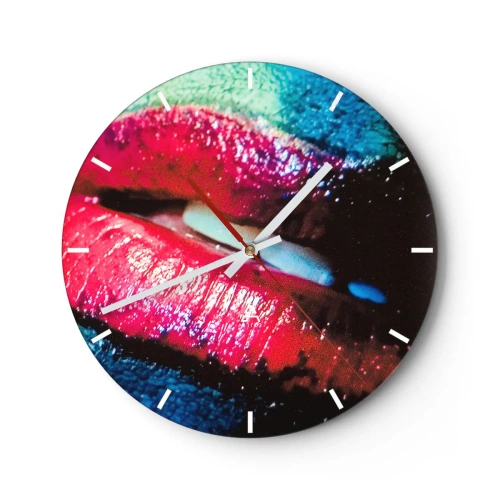 Väggklocka - Klocka på glas - Konstnärlig närbild av läppar med intensiva färger - 30x30cm - Sensuella och oroväckande - Modern väggdekoration för vardagsrum, kök och sovrum ARTTOR