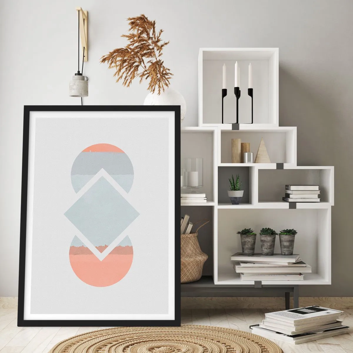 Affisch i svart ram - En abstrakt komposition av geometriska former och pastellfärger. - 50x70cm - Situationen är klar - Modern väggdekoration för vardagsrum och sovrum ARTTOR