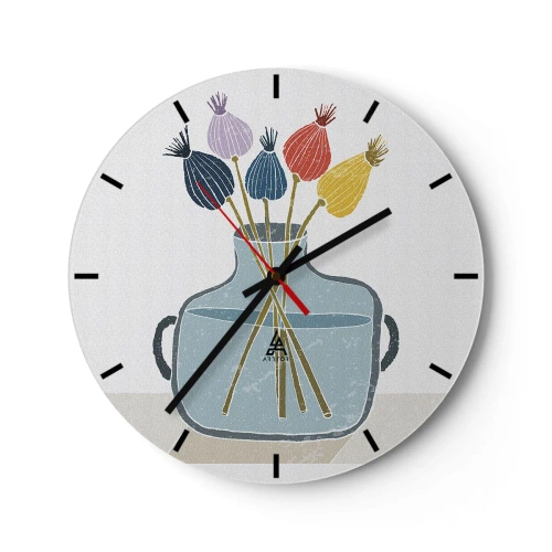 Väggklocka - Klocka på glas - Dekorativt konstverk med en vas och torkade blommor - 30x30cm - Vallmovas - Modern väggdekoration för vardagsrum, kök och sovrum ARTTOR